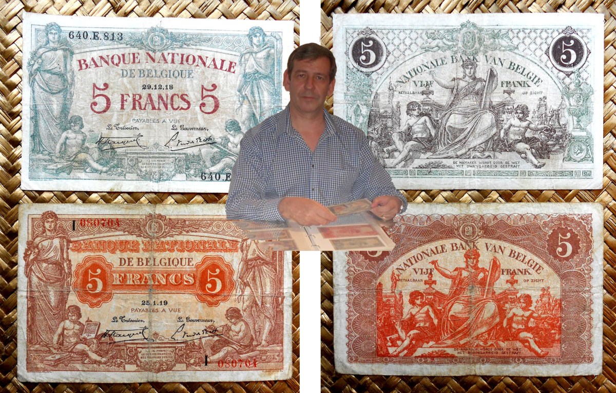BÉLGICA, billetes de inicios del s. XX, 5 Francos 1918  vs. 5 Francos&nbsp;1919