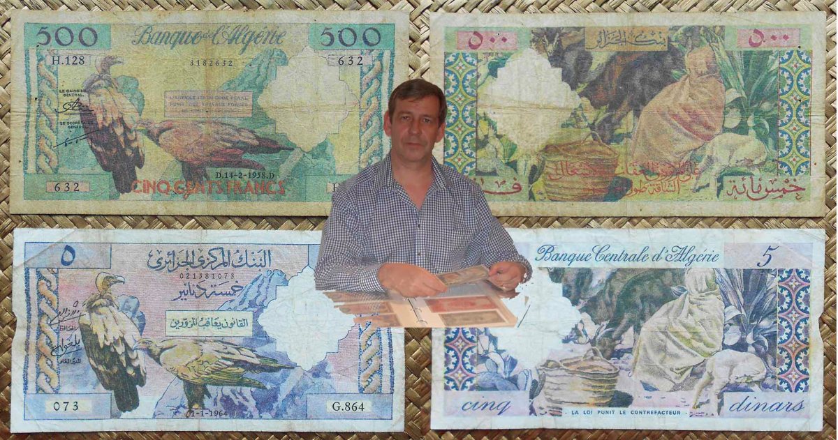 ARGELIA, de FRANCOS a DINARES, …de Colonia a Estado Libre -500 francos 1958 vs. 5 dinares&nbsp;1964-
