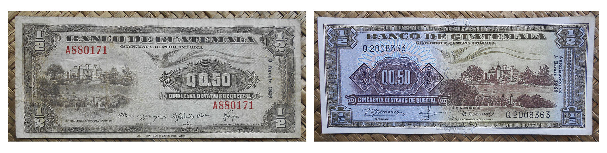Guatemala 0.50 quetzal 1949 vs. 1969 anversos hor