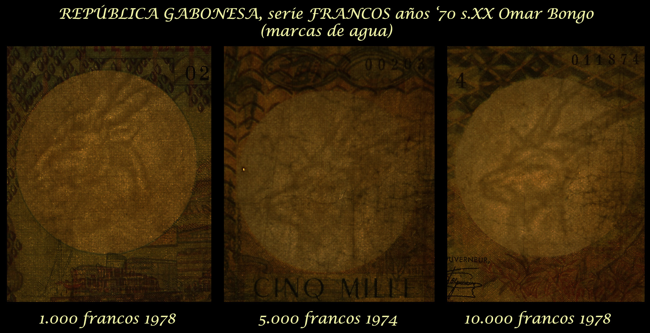 Gabon serie Francos años '70 Presidente O. Bongo marcas de agua