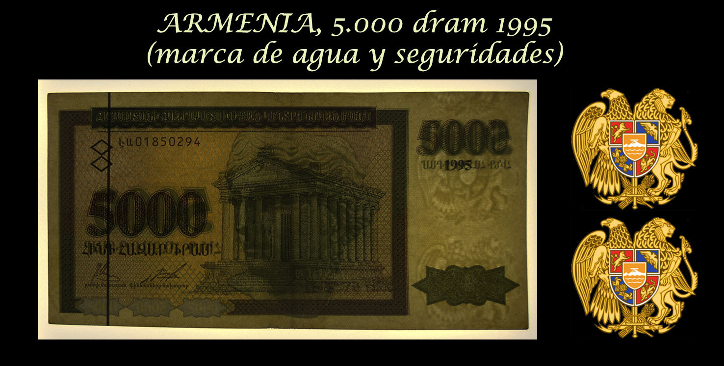 Armenia 5.000 dram 1995 pk.40 marcas de agua y escudo de Armenia