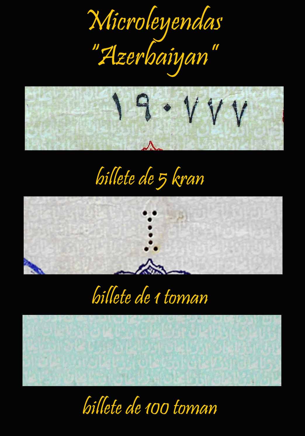 Azerbaiyan Irani microleyendas billetes kran y toman