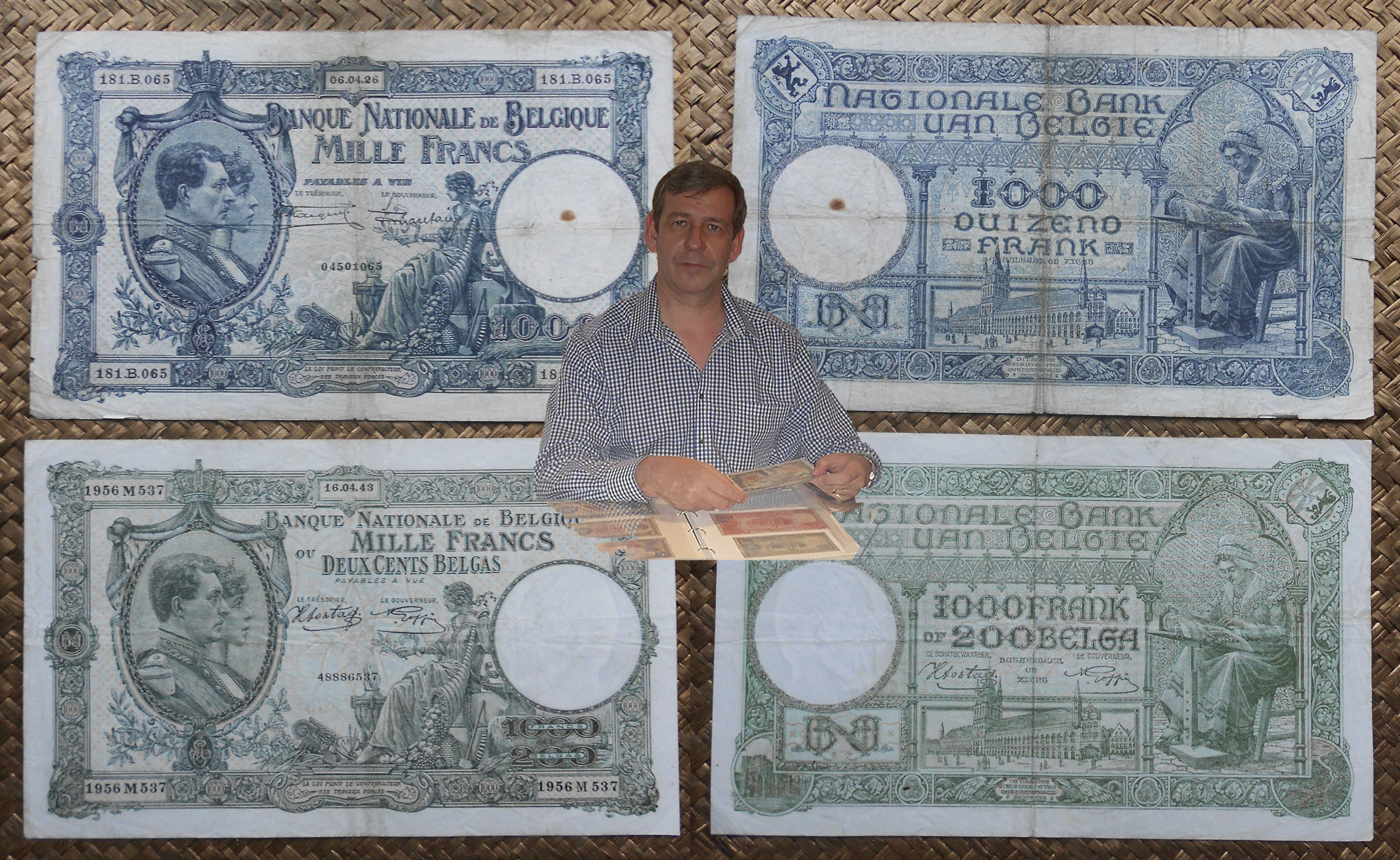 Bélgica 1.000 francos 1926 vs 1.000 francos-200 belgas 1943 anversos y reversos