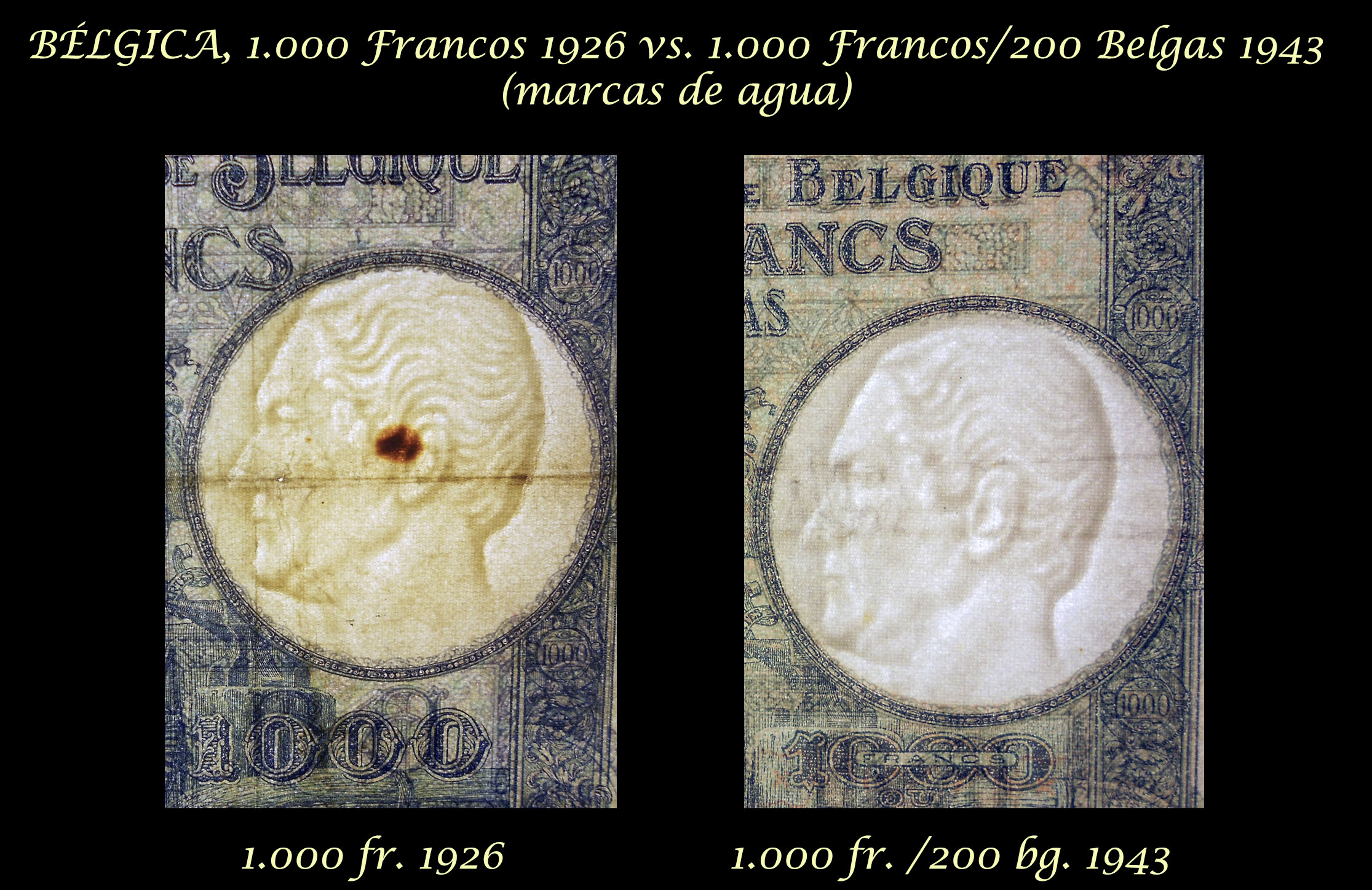 Bélgica 1.000 francos 1926 vs 1.000 francos-200 belgas 1943 marcas de agua
