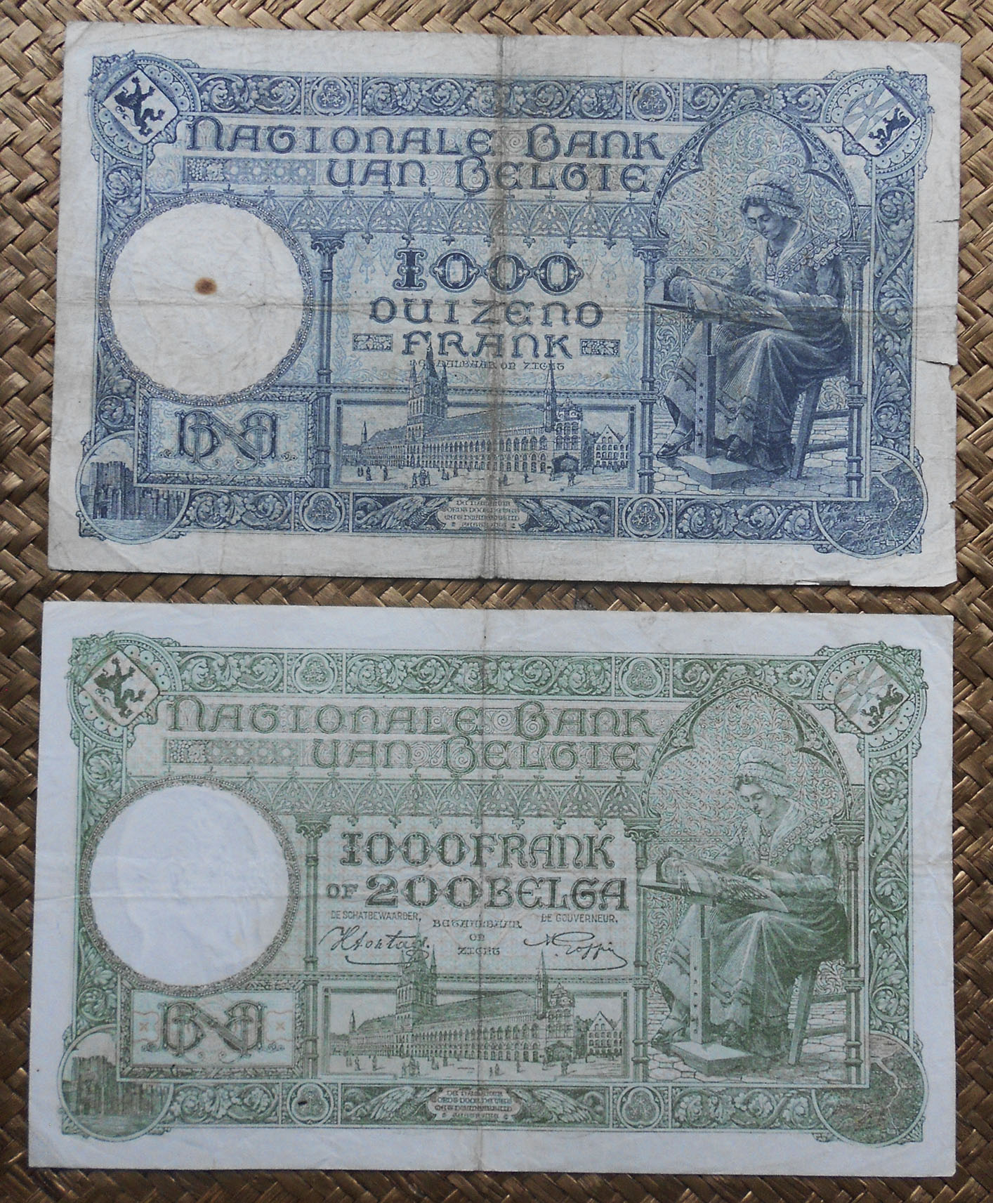 Bélgica 1.000 francos 1926 vs 1.000 francos-200 belgas 1943 reversos