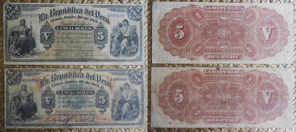 Peru 5 soles 1879 -V- vs. -rayos- anversos-reversos