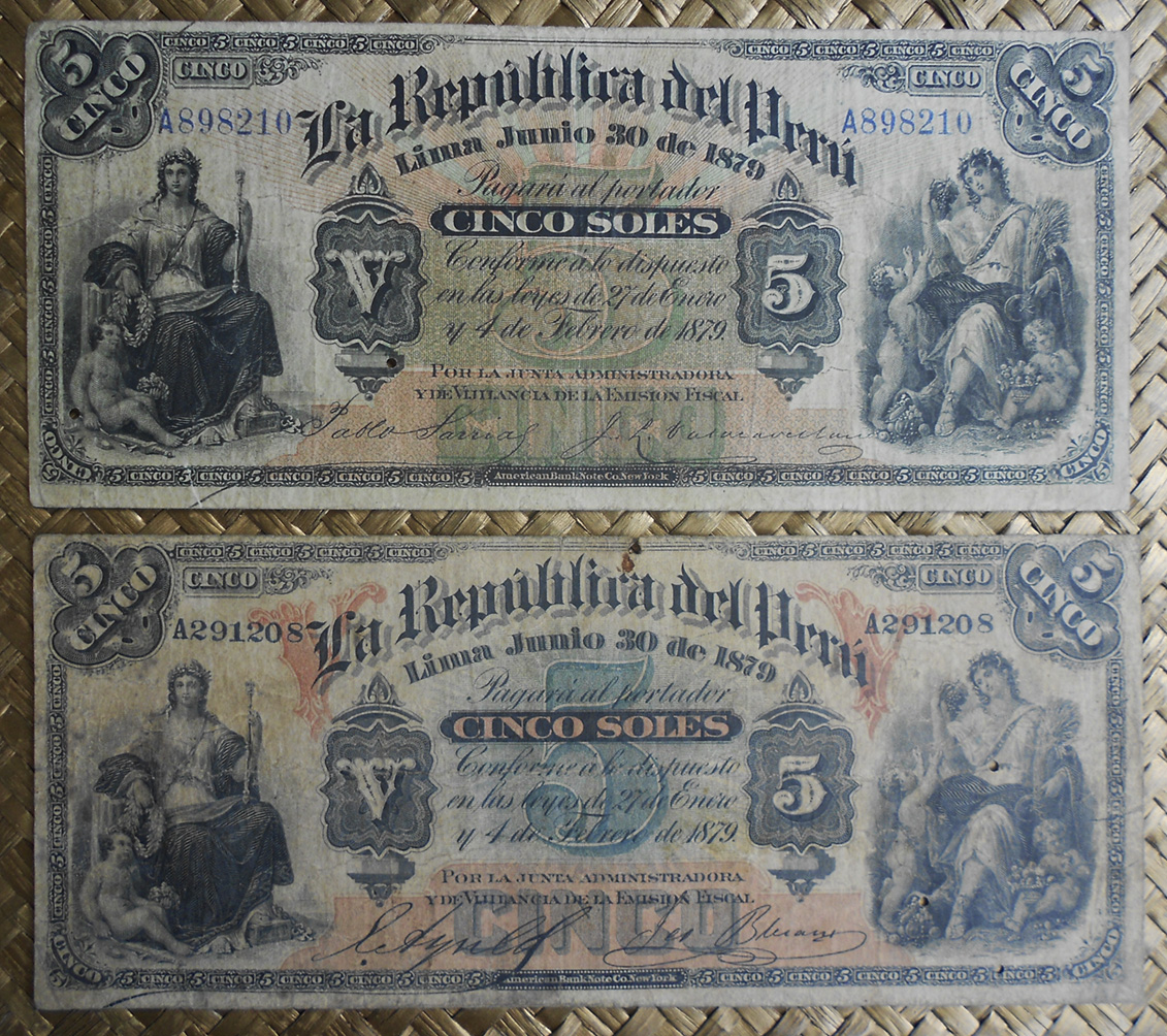 Peru 5 soles 1879 -V- vs. -rayos- anversos