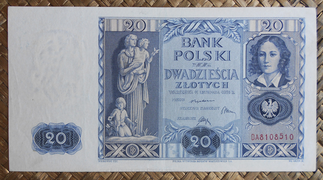 Polonia 20 zlotych 1936 (164x86mm) pk.77 anverso