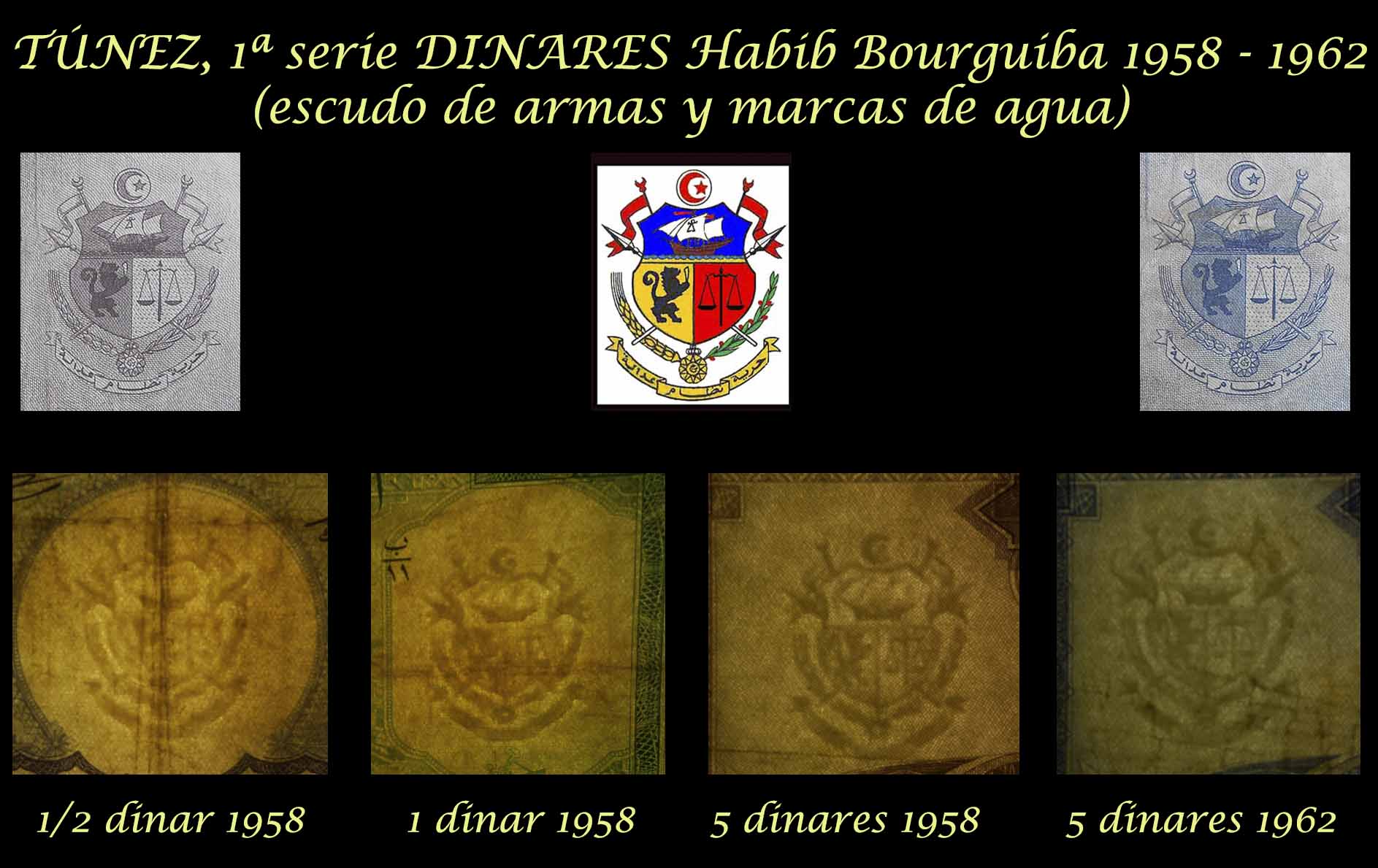 Tunez 1ª serie dinares 1958-1962 Habib Bourguiba marcas de agua