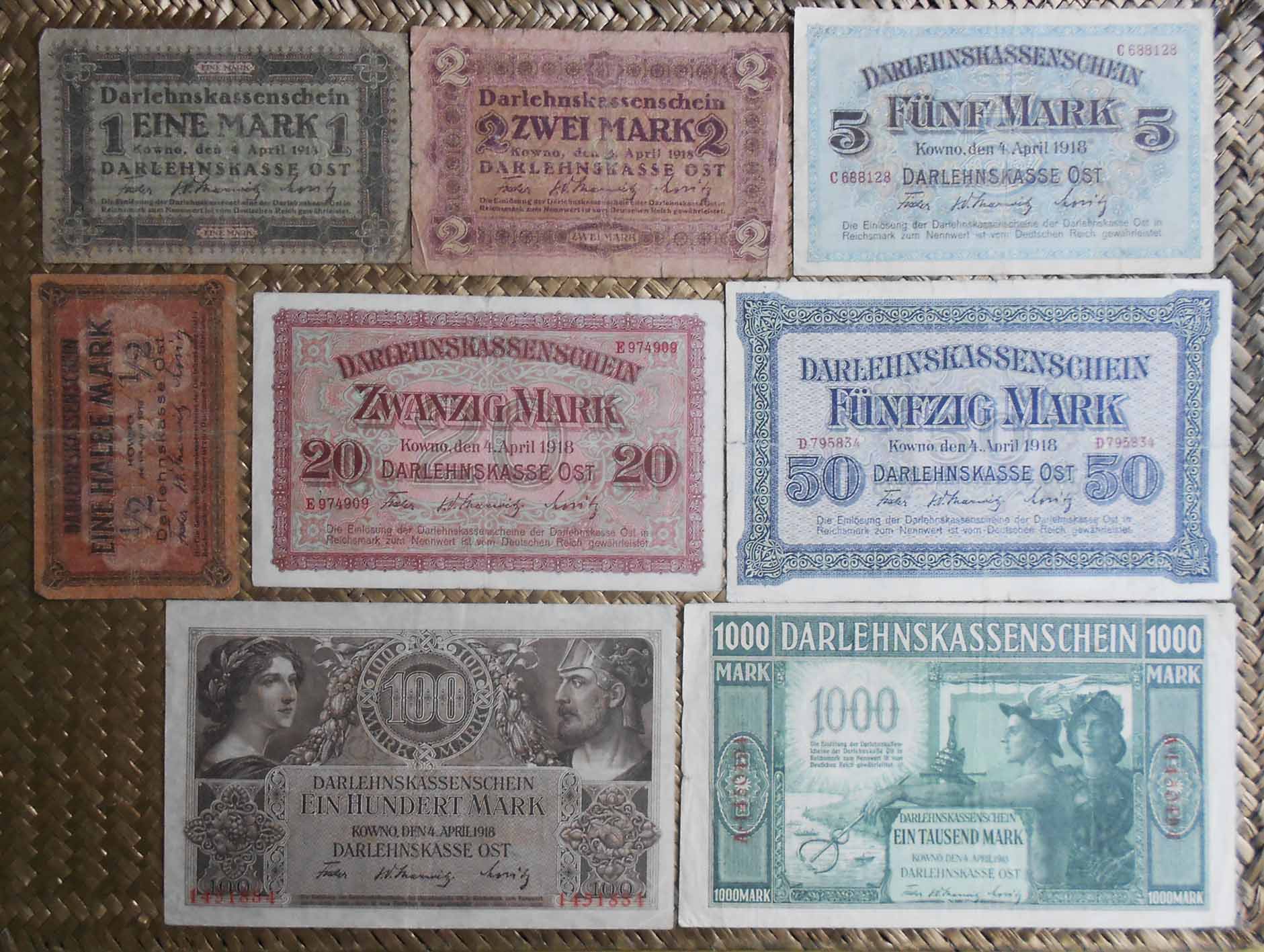 Alemania ocup. Kowno WWI serie ostMark Darlehnskasse 1918 anversos