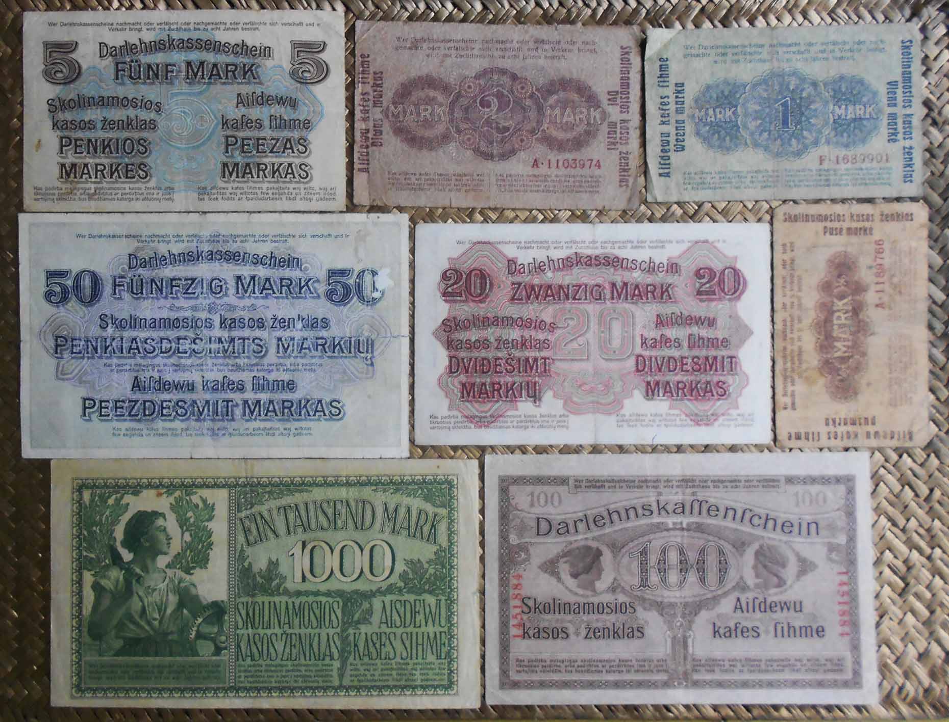Alemania ocup. Kowno WWI serie ostMark Darlehnskasse 1918 reversos