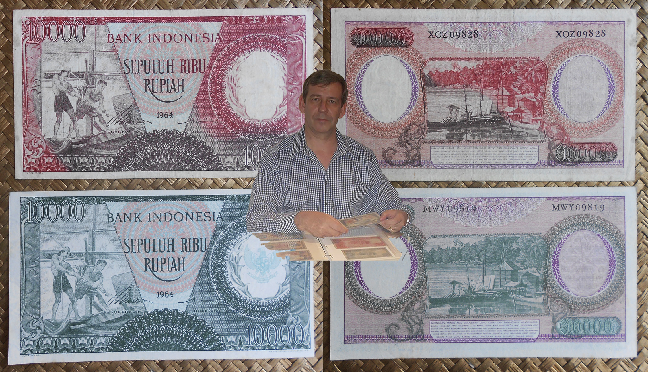 Indonesia 10.000 rupias 1964 1ª serie vs. 2ª serie -Artesanias- anversos y reversos