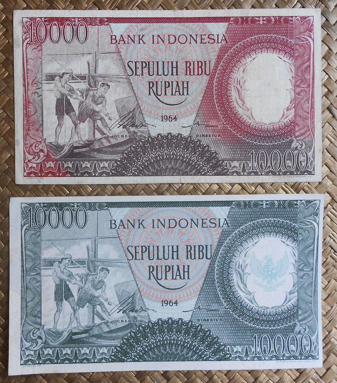 Indonesia 10.000 rupias 1964 1ª serie vs. 2ª serie -Artesanias- anversos