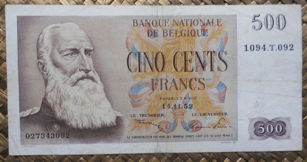 Belgica 500 francos 1952 (150x80mm) pk.130 anverso