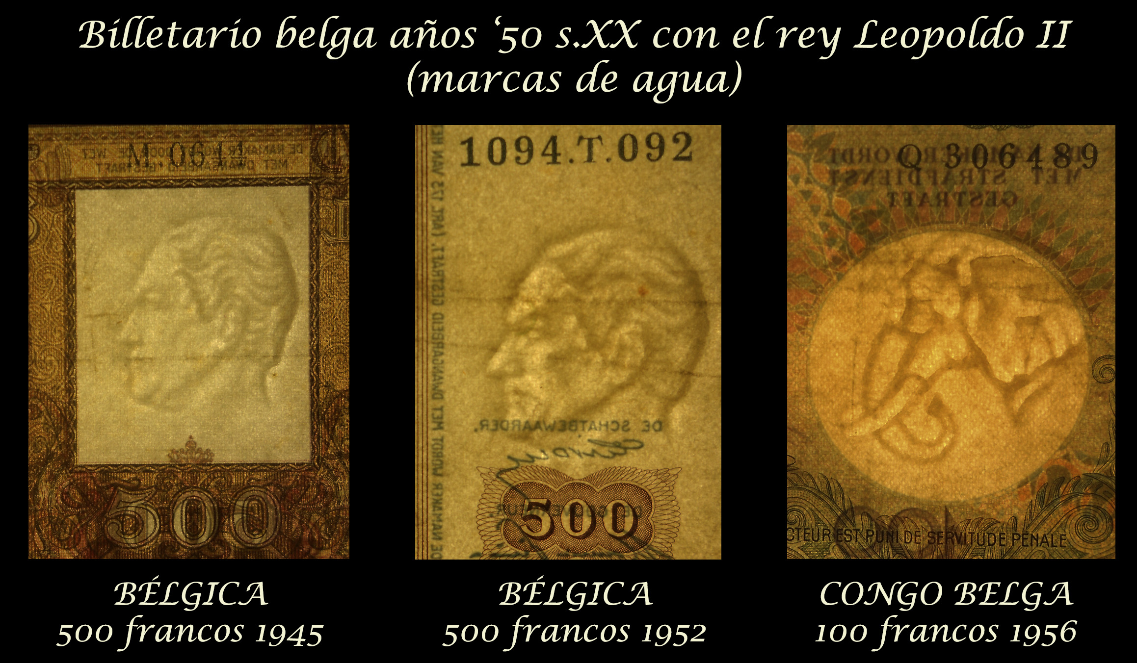 Belgica y Congo Belga francos Leopoldo II años '50 marcas de agua