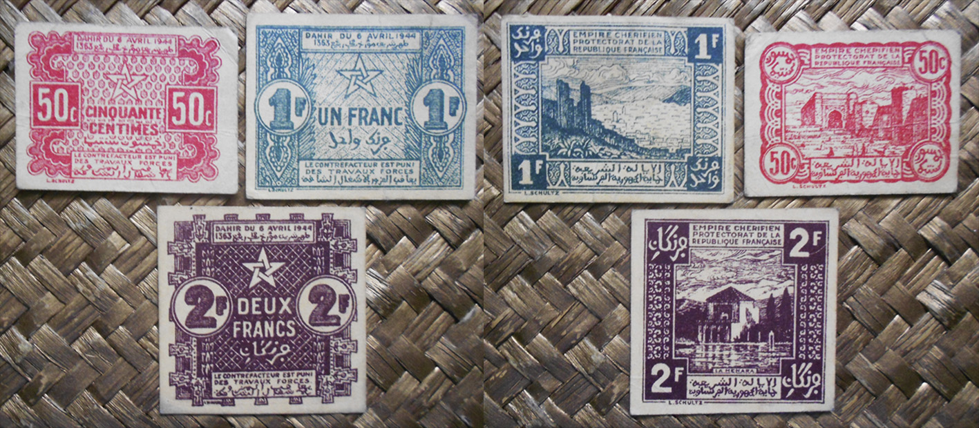 Empire Cherifien Protectorado francés serie francos 1944 anversos-reversos