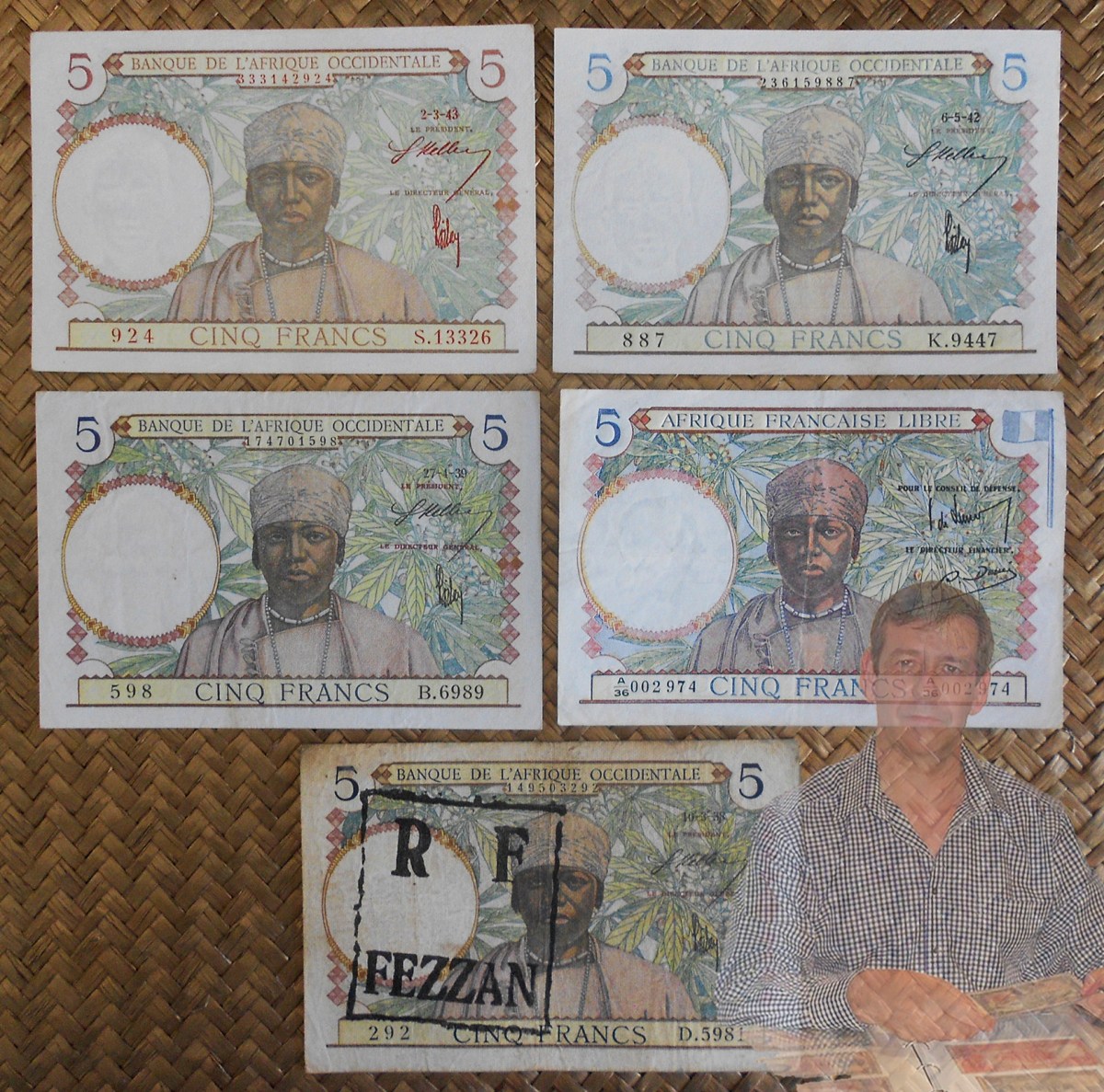 AFRICA COLONIAL FRANCESA, Metamorfosis de un billete de 5 FRANCOS en su periplo de mediados de&nbsp;s.XX