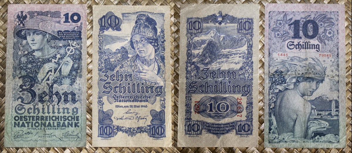 AUSTRIA, Alegorías verticales en los 10 CHELINES 1927 vs. 1945, pre- y post-&nbsp;Anschluss
