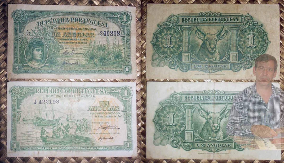 ANGOLA portuguesa y sus billetes de 1 ANGOLAR de 1942 y Conmemorativo de&nbsp;1948