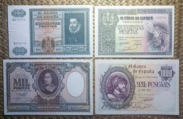ESPAÑA, los de 500 y 1.000 PESETAS de 1940 en sus dos&nbsp;emisiones